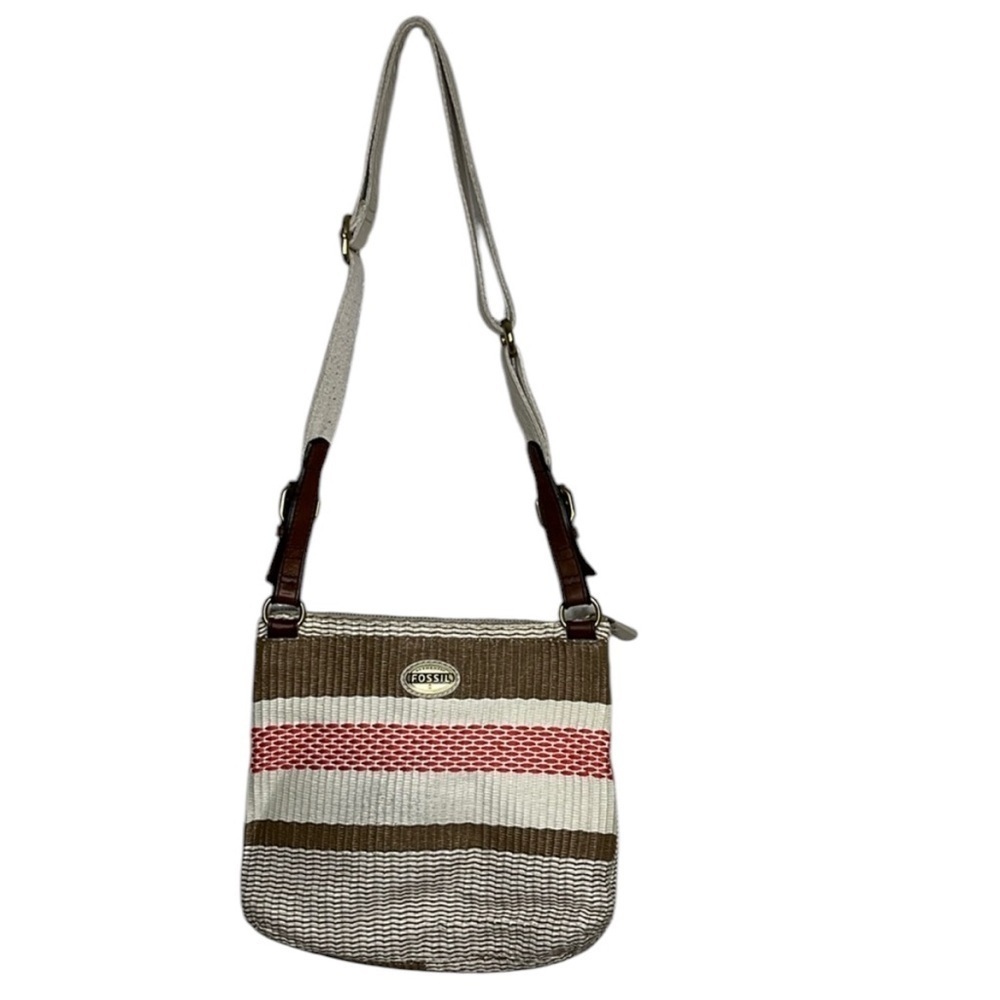 Fossil Tan White Striped Raffia Leather Crossbody Bag BLEMISH